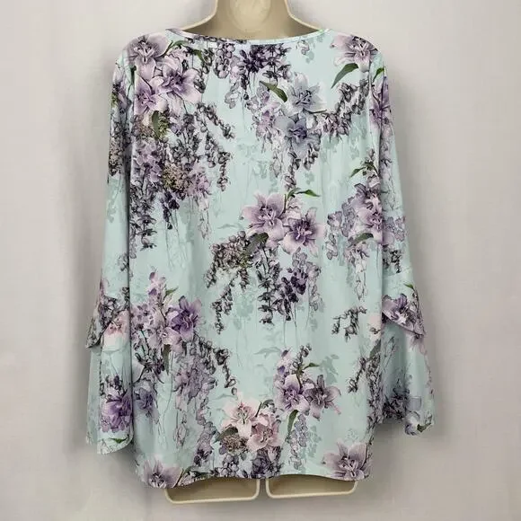 Belle Kim Gravel Top Large Blue Floral Flutter Sleeve Pastel Garden Boho A307916 - Picture 6 of 13